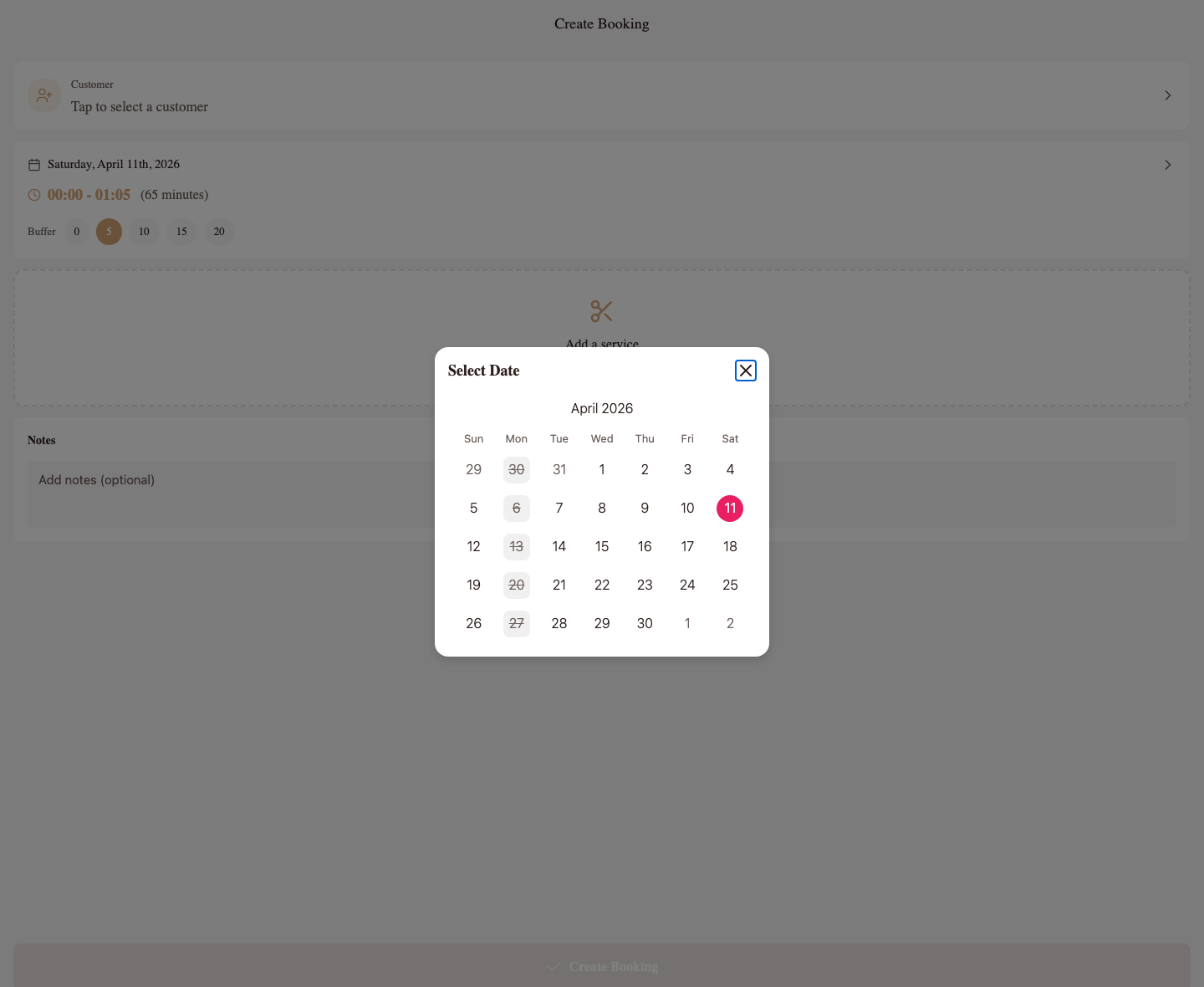 Create Booking — pick a date with the in-app calendar
