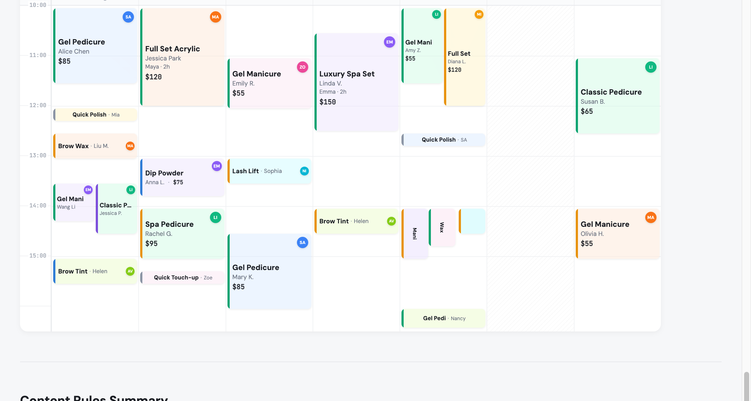 Nookly calendar with same-day bookings across staff